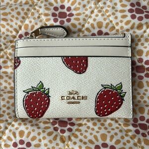 Coach Cream Card Holder with Red Strawberry Design